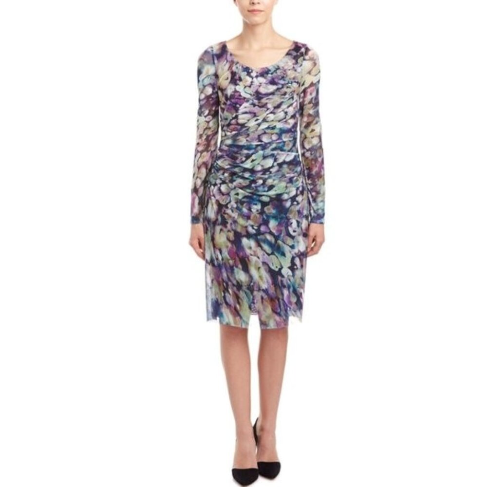 KAY UNGER Floral-Print Draped Waist Stretch Mesh Fabric Dress